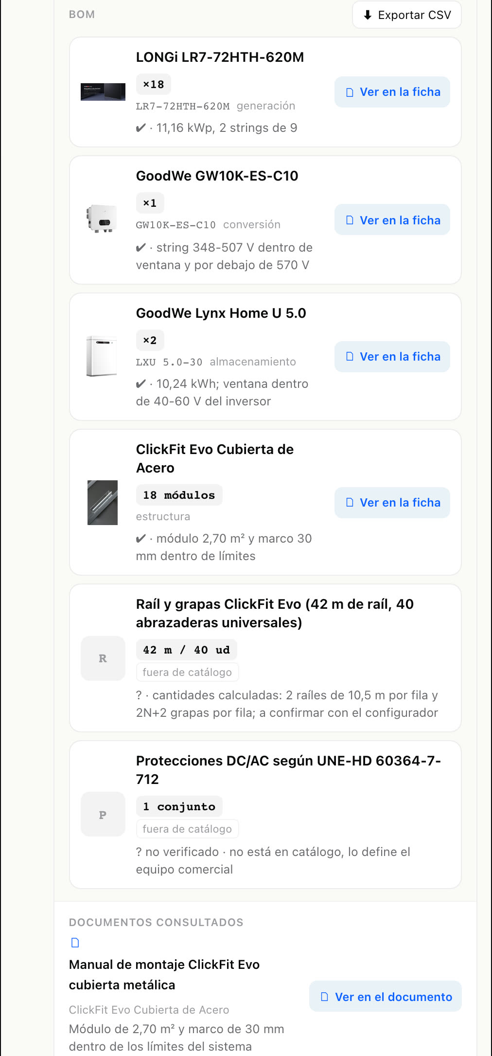 Lista de material real generada por el asistente: módulos, inversor, baterías y estructura con cantidades, enlace a cada ficha, documentos consultados y botón de exportar a CSV