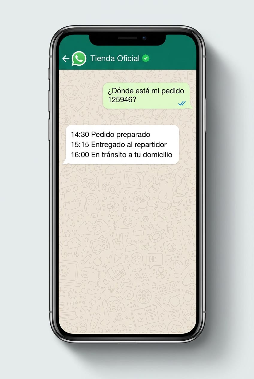 Conversación de WhatsApp en la que el cliente pregunta dónde está su pedido y la tienda responde con las fases del envío